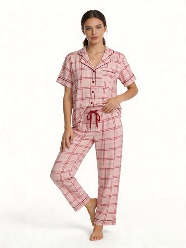 Image of NAP BOUND 100% Cotton Women Pajama Sets Button Down Short Sleeve Sleepwear Soft Pjs 2 Piece Lounge Set with Pocket XS-XXL