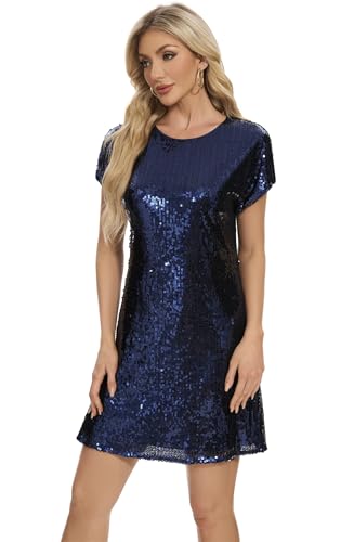 Image of Women's Crewneck Sequin Shift Dress Short Sleeve Casual Holiday Sparkly Party Dress