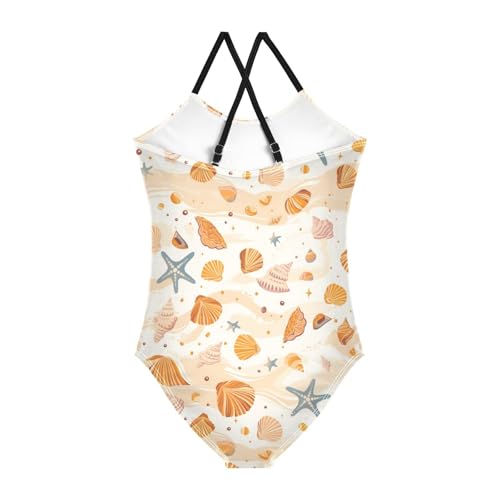 KLL Shells Ocean Waves Beach Starfish White Toddler Girl 1 Piece Swimsuit Beach Swimwear Adjustable Strap Cute2