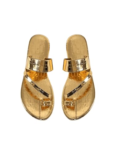 OYOANGLE Women's Metallic Toe Ring Slide Sandals Dressy Slip on Flat Sandal