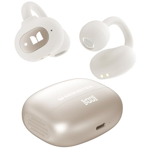 Monster Open Ear AC339 Earbuds, Bluetooth 6.0 Earphones Stereo Sound, Open Ear Clip Wireless Earbuds 40 Hours Playback, with Smart Digital Display Design, Touch Control, IPX6 Waterproof,Beige
