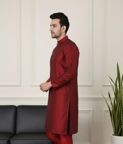 Image of Sadree Men's Silk Blend, Knee Length, Full Sleeve, Mandrin Collor, Solid Style, Attractive Colour, Solid Plain Kurtas