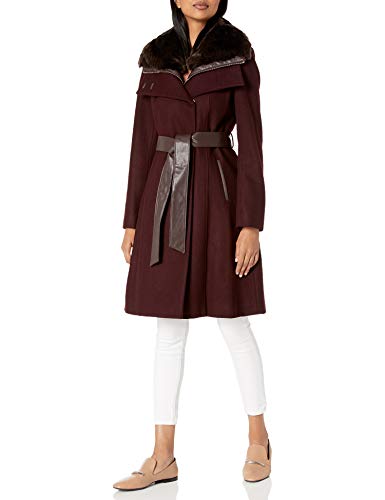 French Connection Women's Faux Fur Collar Detachable Bib Wool Coat, Red Wine, Large