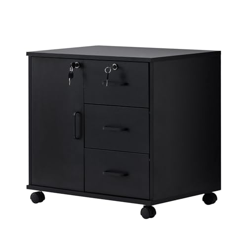 LEMROE Mobile File Cabinet with Lockable Cabinet and 3-Drawer Lateral Filing Cabinet for Documents Printer Stand Home Office, Black