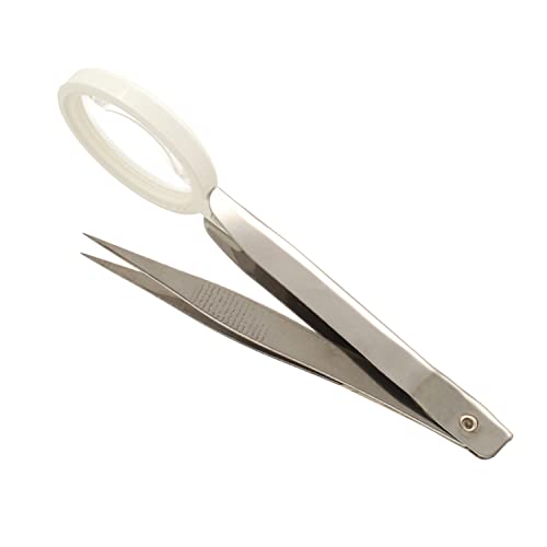 The Beadsmith Tweezers with Magnifier – 4-1/8” Long, 35mm Diameter Magnifier – Serrated Pointed Tip – Made of Stainless Steel - Precision Tool for DIY, Crafting and Jewelry Making