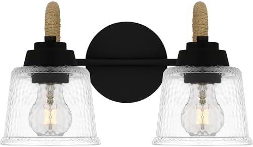 Quoizel Seabreeze Bath Vanity Lights,15 Inch 1-Light Matte Black Coastal-Inspired Lighting Fixtures Over Mirror, Clear Hammered Glass, 100W, Transitional Wall Light for Bathroom, Dresser or Sink