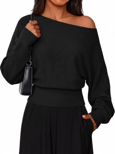Saodimallsu Damen Pullover Sexy Schulterfrei Langarm Strickpullover | Fledermausärmel Off Shoulder Oversize Pullover Jumper Sweater Einfarbig Casual Winter Pulli Oberteile