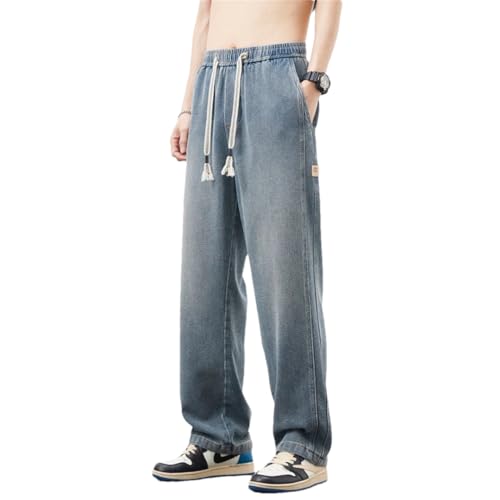Men Starry Sky Texture Fabric Jeans Baggy Wide Leg Denim Pants Elastic Waist Trousers Retro Blue XXL