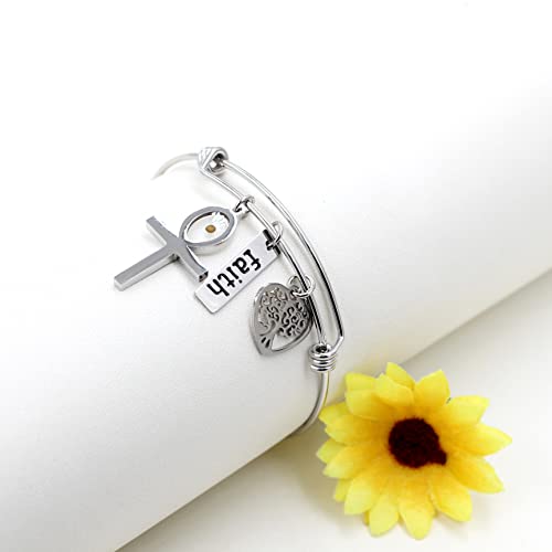Image of Uloveido Stainless Steel Tree of Life Bangle Mustard Seed Pendant Faith Cuff Bracelet Gifts for Women Teen-Girls Y639