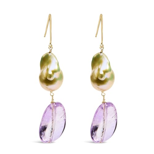 14K Yellow Gold Amethyst and Baroque Pearl Drop and Dangle Earrings 2" Inch Dangle Length
