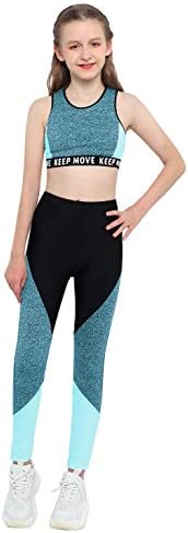 Hansber Kid Girls 2Pcs Gymnastic Dance Outfit Color Block Crop Tops with Athletic Leggings Workout Activewear 2 31HDPbC4ctL. AC