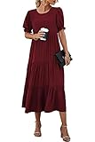 PRETTYGARDEN Summer Dresses for Women 2025 Casual Floral Boho Midi Sun Dress Puff Short Sleeve Flowy Beach Vacation Sundress (Solid Wine Red,X-Large)