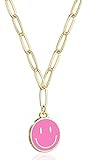 Smiley Face Necklace Gold Dainty Necklace, Paperclip Chain Necklace for Women Paper Clip Trendy Necklace 14K Gold Plated Necklace for Teen Girls Happy Face Necklace (Hot Pink)