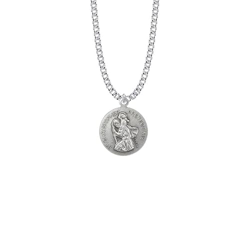 Extel 15/16 Inch Round Sterling Silver Boy's Baseball Player Medal Pendant Charm With St. Christopher On Back For With 20 Inch Stainless Steel Rhodium Plated Curb Chain #TOP1
