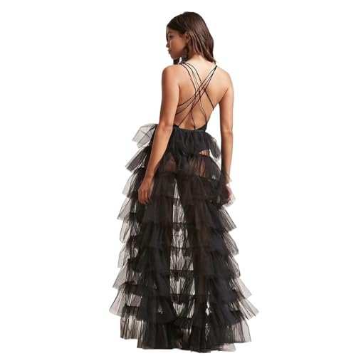 Sheer Mesh Layered Tulle Floor Length Maxi Skirt Tiered Ruffles Tie On Evening Gown Fashion High Slit Party Formal Dress3