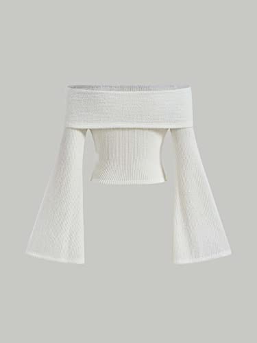 Verdusa Women's Off The Shoulder Sweater Bell Long Sleeve Slim Fitted Crop Tee Top2