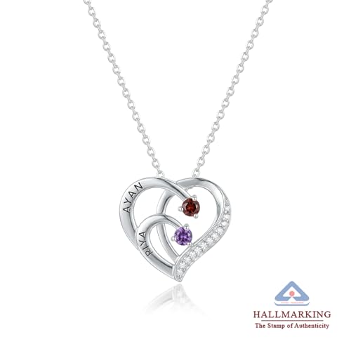 Image of TRUESILVER ACPL 925 Sterling Silver Personalized Photo Necklace for Women | Custom Couple Heart Pendant with Name Date & Birthstone | Engraved Picture Necklace Gift for Wife Mother Anniversary Birthday