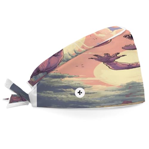 Working Cap with Button, Tyrannosaurus Playing Basketball Sweatband Bouffant Hats, Adjustable Scrub Caps for Women Men (22 x 5 in)