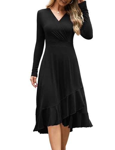 Beluring Midikleid Damen Elegant Langarm Tunika Kleid V-Ausschnitt Wickelkleid Rüschensaum Kleider Schwarz M