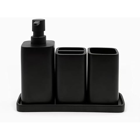 ZCCZ Matte Black Bathroom Accessory Sets, 4 Pieces Bathroom Accessories Complete Set Vanity Countertop Accessory Set, Includes Lotion Dispenser Soap Pump, Tumbler, Toothbrush Holder and Tray Cover
