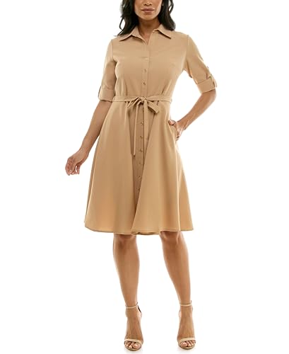 Image of Sharagano Women's Pleated Shirt Dress - 3 /4 Sleeve, V-Neck, Gold Buttons