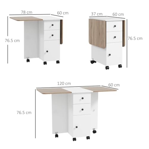 Image of TEKAVO Sora Foldable Dining Table with Storage Drawer Cabinet | Folding Space Saving Dining Table 4 Seater I Movable Table with 6 Wheels I White & Mile Oak I DIY.