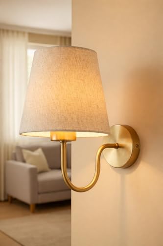 Image of Elegant Wall Lamp with Fabric Shade & Gold Metal | E-27 Holder Base and Bulb | Classic Indoor Wall Lamp for Bedroom, Living Room & Hallway(Without Bulb).