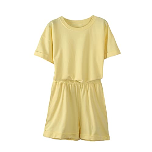 Ensemble d'été décontracté 2 pièces coton femme t-shirt manches courtes pantalon court jaune M