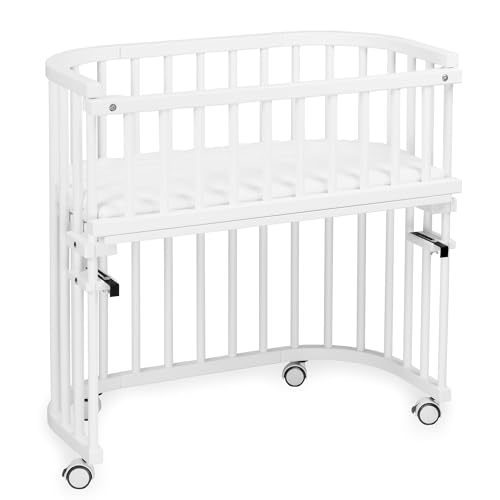 babybay Cuna Extra Grande de Madera de Haya Maciza, Altura Regulable y respetuosa con el Medio Ambiente, con colchón, Rejilla, Ruedas (lacada en Blanco)