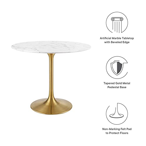 Image of Modway Lippa 36 inch Mid-Century Dining Table with Round Artificial Marble Top in Gold White