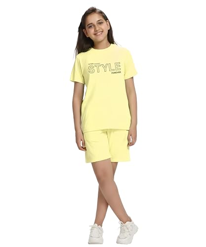 Image of KYDA KIDS Girls 100% Cotton Bio Washed Printed T-Shirt and Shorts Co-ords Clothing Set | Premium Soft & Breathable Summer Casual Comfort Outfit for Girls