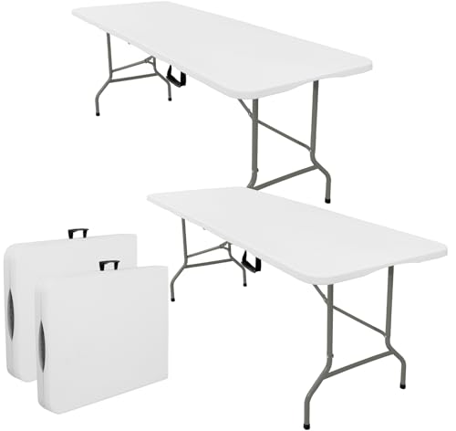 JALANCY Set of 2 Folding Tables with Carrying Handle Heavy Duty Rectangular Portable Plastic Camping Table Steel Legs for Party, Dining, Wedding, Events, Picnic Indoor, Outdoor (8FT, White)