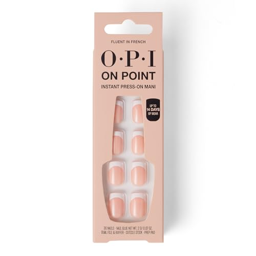 OPI On Point Fluent in French | Short Squoval Nude Pink & White French Tip Press On Nails | 30 Count with Nail Glue | Long Lasting Reusable Non-damaging