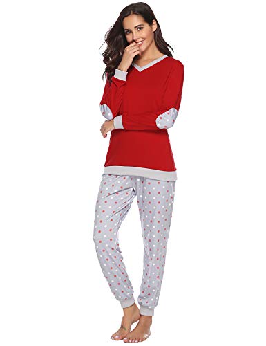 Preisvergleich Produktbild Hawiton Damen Schlafanzug Baumwolle Pyjama Lang Zweiteilige Nachtwäsche Hausanzug Sleepwear Langarm Rundhals (Rot-99, S)