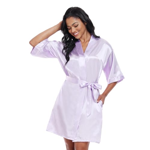 Image of Women's Short Satin Robes Lightweight Silky V-Neck Sleepwear Wedding Bridal Party Bride Bridesmaid Bathrobes