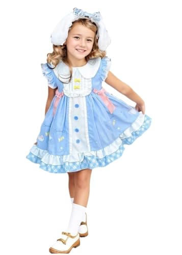 Girls Cute Anime Cartoon Print Cosplay Sky Blue Sweet Dress Ruffles Sleeve Casual Dress Headband - Main Image