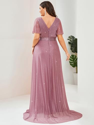 Image of Ever-Pretty Plus Women's Glitter Formal Dress Evening Gown for Gala V-Neck Short Sleeve Floor Length Plus Size Prom Dresses