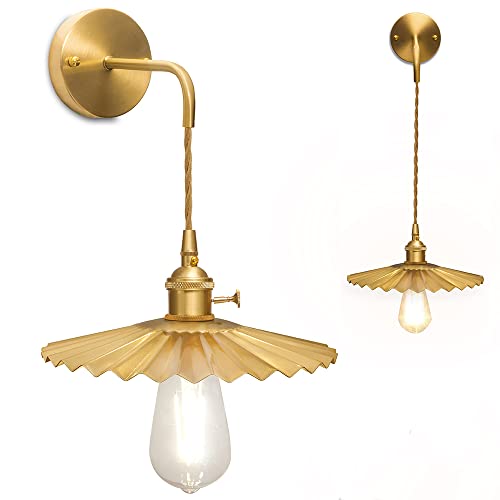 Shenmoyl Vintage 1-Light Wall Sconces Gold Pleated Shade Brass Cap Adjustable Chain Retro Gold Wall Mounted Light, Wall Lamp Fixtures Decor For Bedside Bedroom Indoor Doorway #TOP7