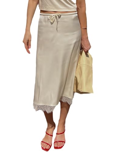 Womens Elegant Satin Silk Midi Skirts Lace Hem Drawstring High Elastic Waist Going Out Casual Midi Skirts