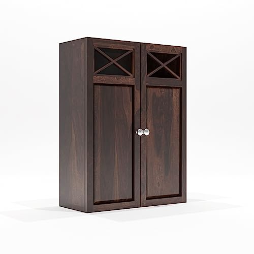 Image of Sheesham Wood Kitchen Cabinet for Home | Wall Mounted Kitchen Rack with Storage | Wooden Organizer with 2 Door Cabinet Storage Walnut Finish