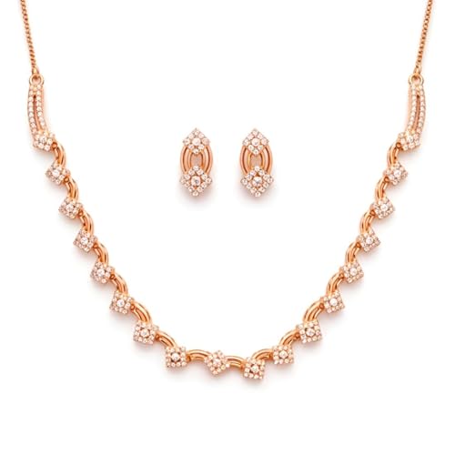 Image of Nilu's Collection Rose Gold Plated American Diamond Floral Leaf Necklace Set with Matching Drop Earrings For Women And Girls | Anti-Tarnish | Anti-Allergy | Office Wear