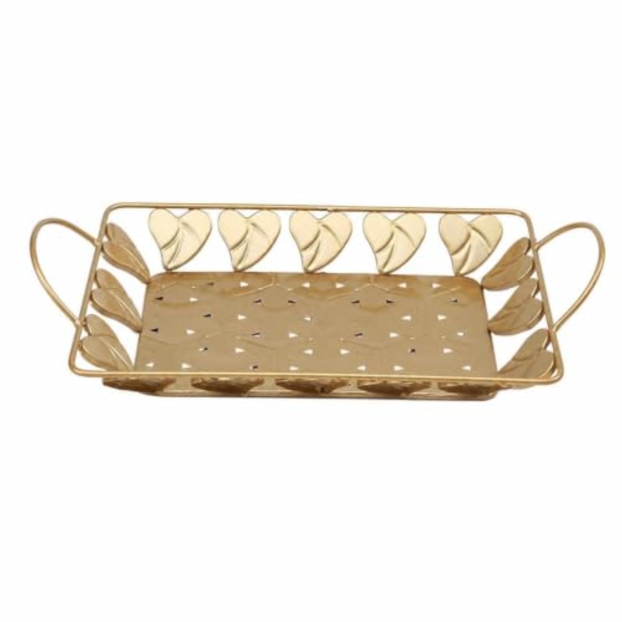 Rectangular Metal Tray with Handles, Decorative Gold Vanity Design