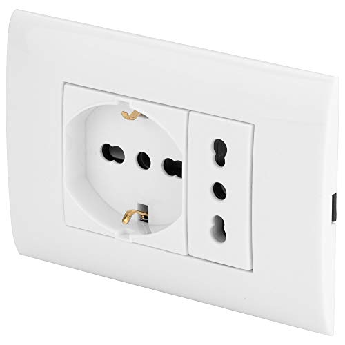 POLY POOL - PP6094X Placca Evolution Scatola 3 Moduli con Frutto Presa Bivalente e Frutto Presa Pluristandard - Kit Incasso con Supporto e Viti di Montaggio