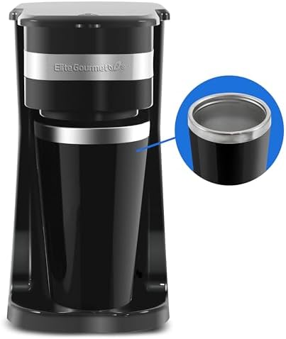 Elite Gourmet EHC111A Personal Single-Serve Compact Coffee Maker Brewer Includes 14Oz. Stainless Steel Interior Thermal Travel Mug, Compatible with Coffee Grounds, Reusable Filter, Black