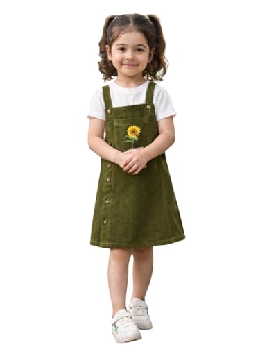Image of superminis Girls Twill Denim Solid Color Dungree /Dress With Embroidered Pocket (1 Dress,1 Tee)