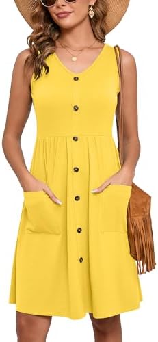 Heymoments Women's Summer Dresses Sleeveless Casual Fashion Loose Swing Button Down Midi Dress with Pockets