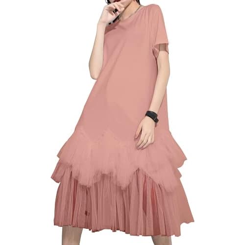 ellazhu Women's Casual Short Sleeve Crew Neck Tutu Tulle Dress with an Oversized Fit GY2266 Large-X-Large Dusty Rose