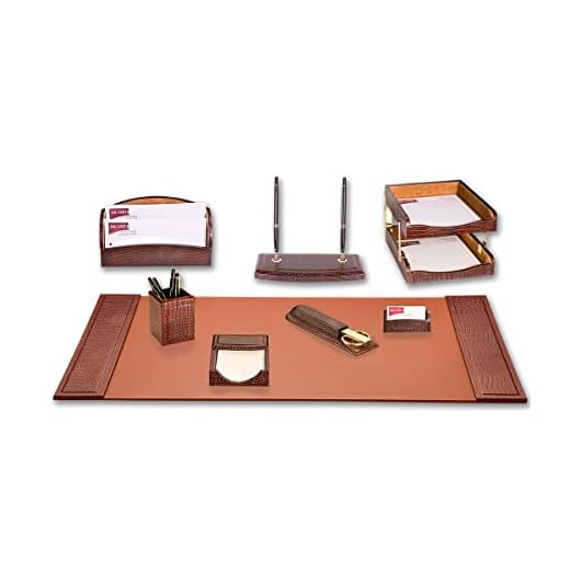 Dacasso Crocodile Embossed Set Luxury Leather Pad & Desk Organization Essentials-Office Organization & Executive Desk Decor, 34" x 20", Brown