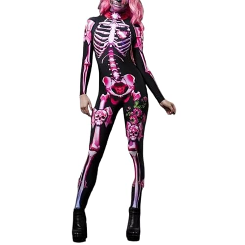 Skeleton Jumpsuit Women Sexy Skull Print Onesie Bodysuit Spooky Season 2025 Halloween Costumes Adults Scary Party Cosplay Outfits Plus Size Long Sleeved Tight Jumpsuits(A-Pink,X-Large)
