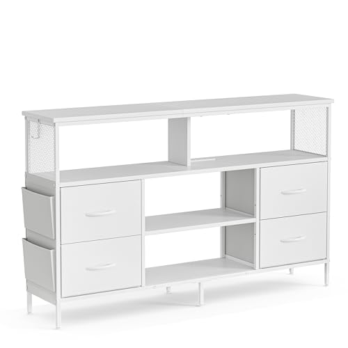 IKIFLY チェスト収納 タンス 棚付き 箪笥リビング収納チェスト LEDライト付き テレビボード おしゃれ 収納ケース 引き出し 大容量 USBポート付き洋服タンス 布製 玄関キャビネット 収納ボックス マルチチェス 整理タンス 寝室収納 一人暮らし【幅140×奥行30×高さ82cm】ホワイト